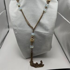 Suen Triple strand gold tone faux rhinestones necklace with pendant tassle